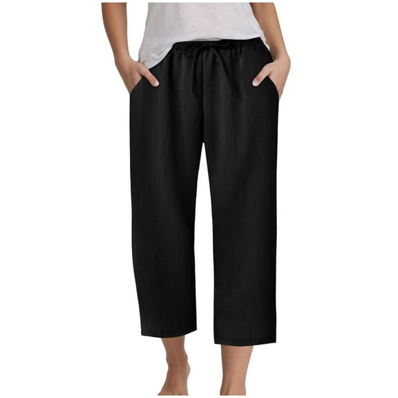 GEWSEY Women's Capri Pants Cotton Yoga Capris Drawstring Joggers Workout Sweatpants Loose Lounge Crop Pants Pockets (Black, M)