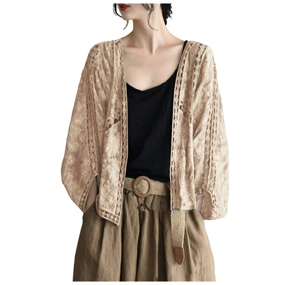 GEWSEY Women’s Cardigan Lace Embroidery Boho Cropped Batwing Sleeve Open Front Oversized Bolero Shrugs (Yellow, One Size)