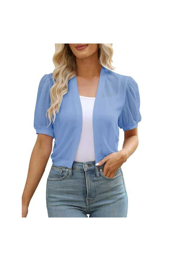 Women's Cardigan Thin Shrugs Short Sleeve Lightweight Cropped Tops Open Front Knitted Sweater for Dress (Light Blue, L)