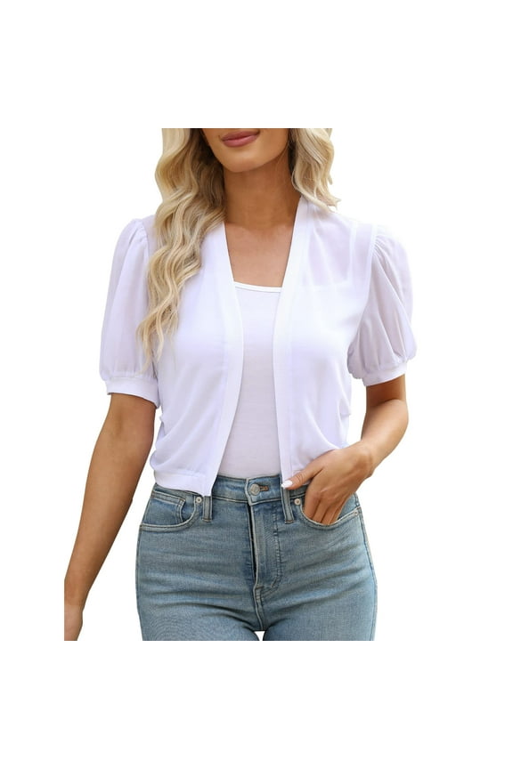 Women's Cardigan Thin Shrugs Short Sleeve Lightweight Cropped Tops Open Front Knitted Sweater for Dress (White, M)
