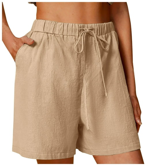 GEWSEY Women's Casual Cotton Elastic Waist Drawstring Bermuda Shorts with Pockets (Khaki, M)