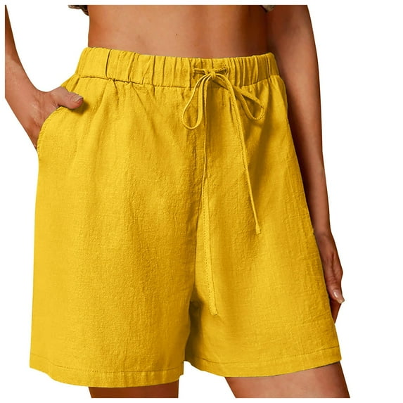 GEWSEY Women's Casual Cotton Elastic Waist Drawstring Bermuda Shorts with Pockets (Yellow, S)