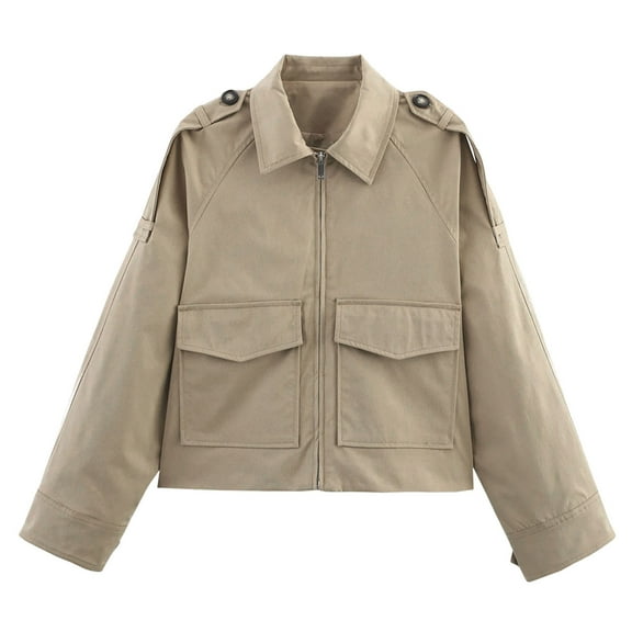 GEWSEY Women's Casual Lapel Pocket Zipper Long Sleeve Jacket Loose Fit Short Coats (Khaki, XL)
