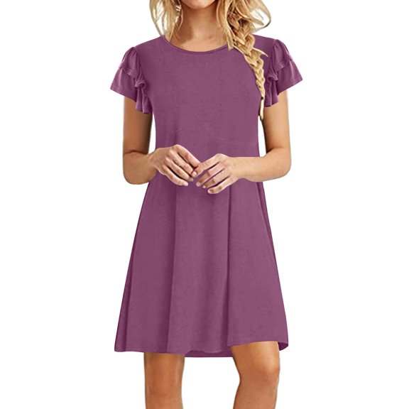 GEWSEY Women's Casual Plain Simple T-Shirt Loose Dress Purple, L
