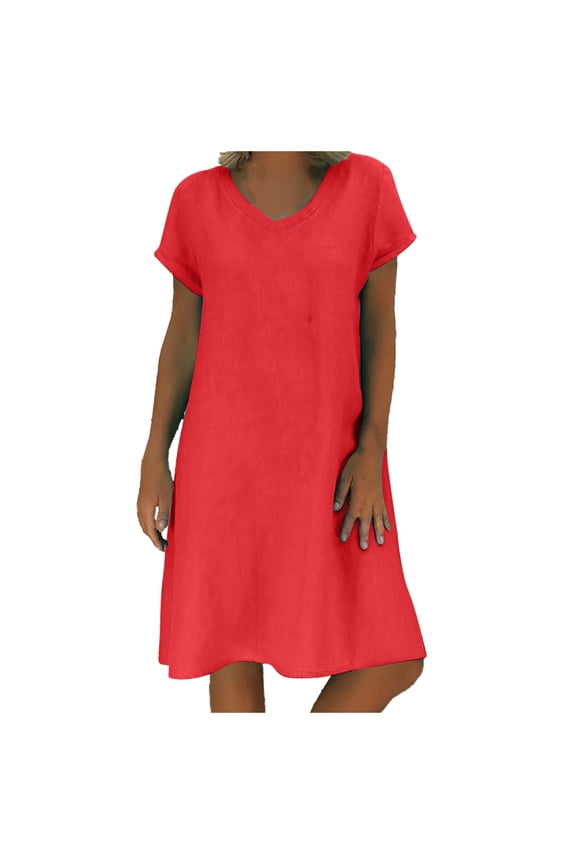 Women's Casual T Shirt Dress Summer Short Sleeve Swing Dresses with Pockets Red, L