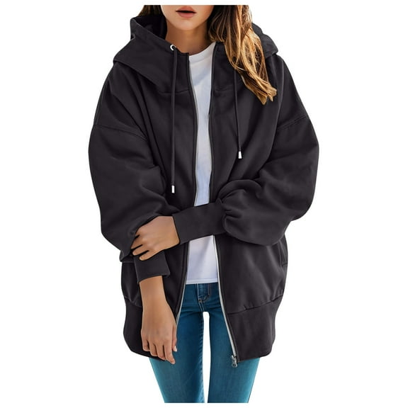 GEWSEY Women's Causal Drop Shoulder Long Sleeve Sweatshirts Oversized Full Zip Solid Hoodie with Pocket (Black, L)