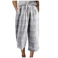 thumbnail image 1 of GEWSEY Women's Cotton Linen 3/4 Length Wide Leg Casual Pants Elastic Waist Plaid Trim Capri Drawstring Palazzo Pants (Grey, XL), 1 of 6