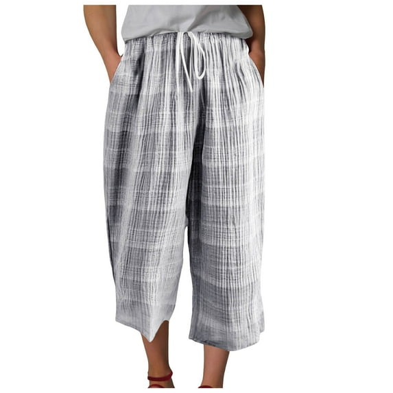 GEWSEY Women's Cotton Linen 3/4 Length Wide Leg Casual Pants Elastic Waist Plaid Trim Capri Drawstring Palazzo Pants (Grey, XL)