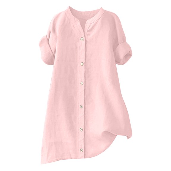GEWSEY Women's Cotton Linen Button Down Shirts Summer Blouse 3/4 Sleeve V Neck Loose Gauze Tunic Casual Beach Clothes 2025 (Pink, XL)
