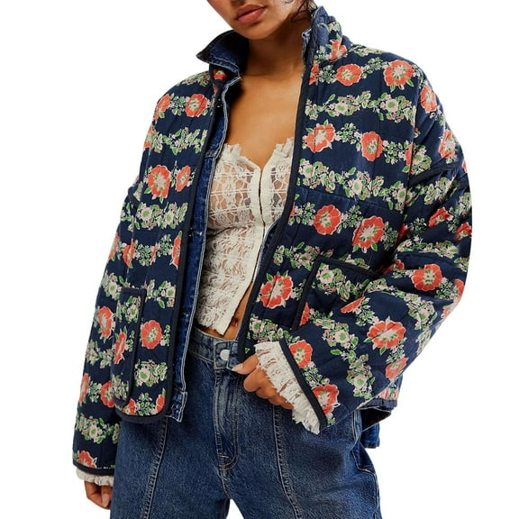 GEWSEY Women's Cropped Floral Puffer Jacket Cardigan Printed Lightweight Open Front Padded Quilted Coats (Blue, M)