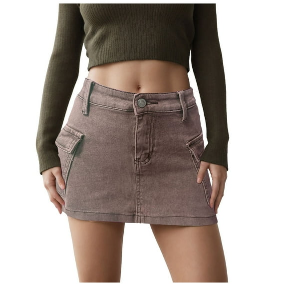 GEWSEY Women’s Denim Skort Mini Jean Skirt Low Waisted Stretch Zip Fly Casual Jean Skirt for Women Brown, S