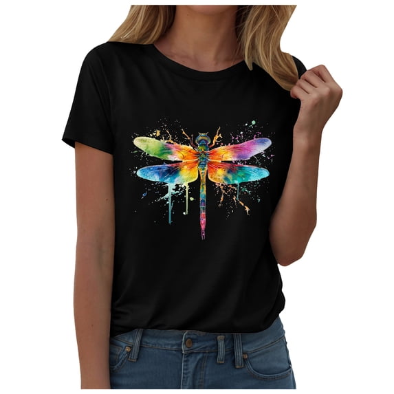 GEWSEY Women's Dragonfly Graphic Tees Trendy Casual Loose Summer Funny Cute Printed Short Sleeve Shirts Tops (Black, 3XL)