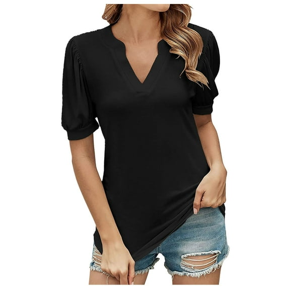 GEWSEY Women's Dressy Casual Tops Business Work Blouses White Button Down Shirts Cap Sleeve V Neck Tshirt Black, M
