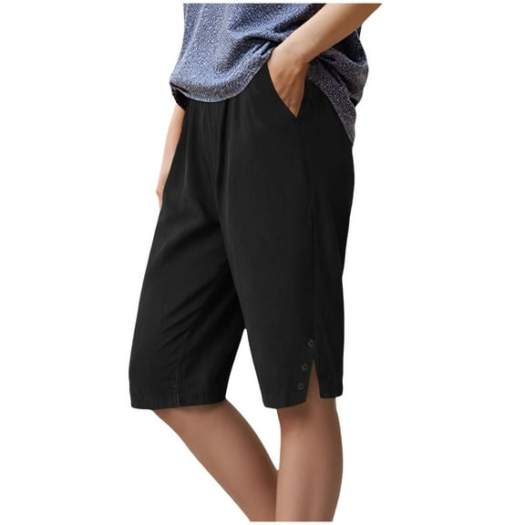 GEWSEY Women's Elastic Waist 3/4 Capri Harem Pants with Pockets Casual Loose Solid Yoga Trousers (Black, L)