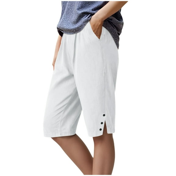 GEWSEY Women's Elastic Waist 3/4 Capri Harem Pants with Pockets Casual Loose Solid Yoga Trousers (White, S)
