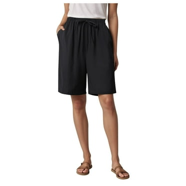 GEWSEY Women's Elastic Waist Knee Length Casual Cotton Bermuda Shorts with Drawstring (Black, 5XL)