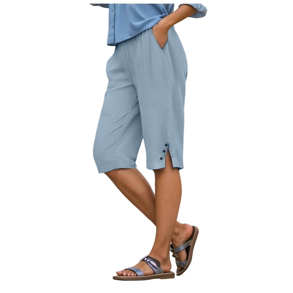 GEWSEY Women's Elastic Waist Knee Length Casual Cotton Bermuda Shorts with Drawstring (Sky Blue, L)