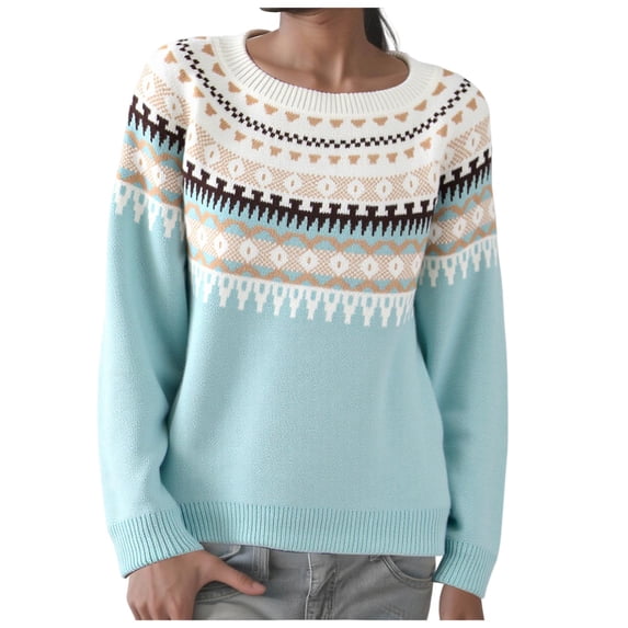 GEWSEY Women's Fair Isle Sweater Casual Crewneck Long Sleeve Lightweight Vintage Knit Jumper Tops (Sky Blue, M)