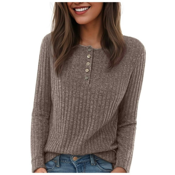 GEWSEY Women's Fall Long Sleeve Henley Shirts Button Down Ribbed Sweaters Casual Tunic Tops (Khaki, M)