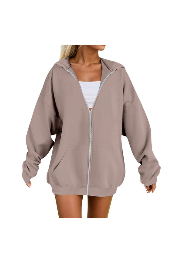 Women's Fall Zipper Long Sleeve Hoodie Hooded Sweatshirt Top Outdoor Sweatshirt Shirt Long Zipper Sweaters (Khaki, 3XL)