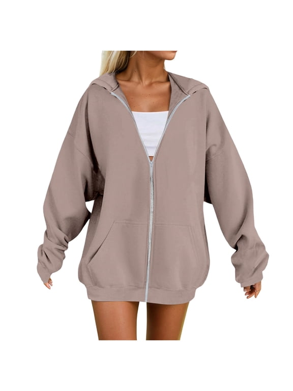 Women's Fall Zipper Long Sleeve Hoodie Hooded Sweatshirt Top Outdoor Sweatshirt Shirt Long Zipper Sweaters (Khaki, L)