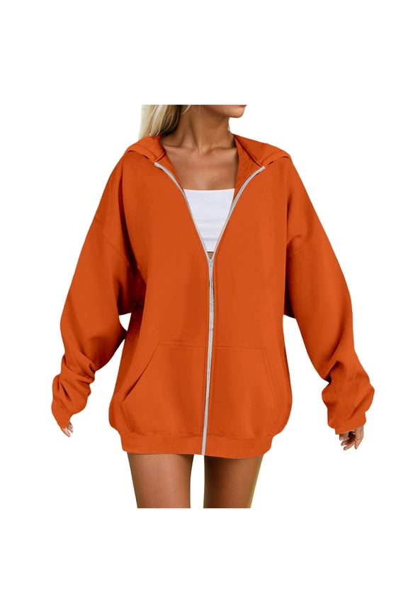 Women's Fall Zipper Long Sleeve Hoodie Hooded Sweatshirt Top Outdoor Sweatshirt Shirt Long Zipper Sweaters (Orange, 3XL)