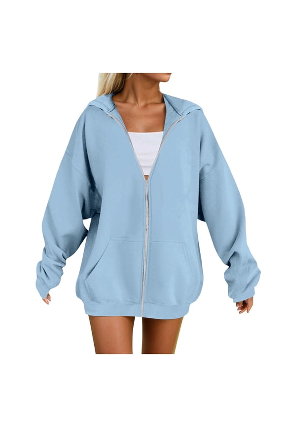 Women's Fall Zipper Long Sleeve Hoodie Hooded Sweatshirt Top Outdoor Sweatshirt Shirt Long Zipper Sweaters (Sky Blue, S)
