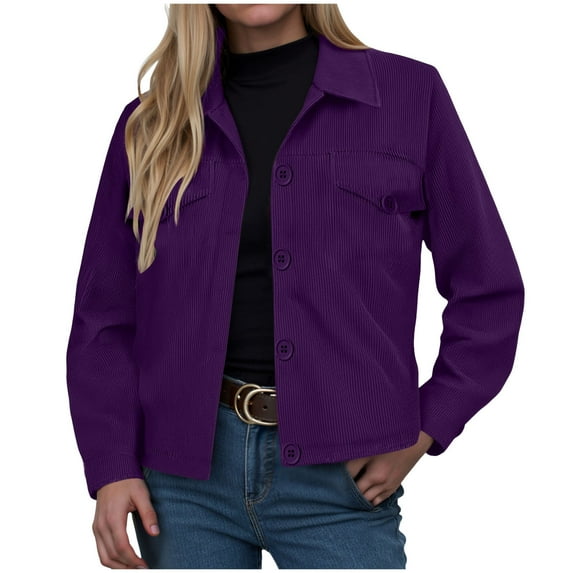 GEWSEY Women's Fashion Cropped Shacket Button Down Corduroy Shacket Jackets Casual Plaid Long Sleeve Crop Jackets Tops (Purple, XL)