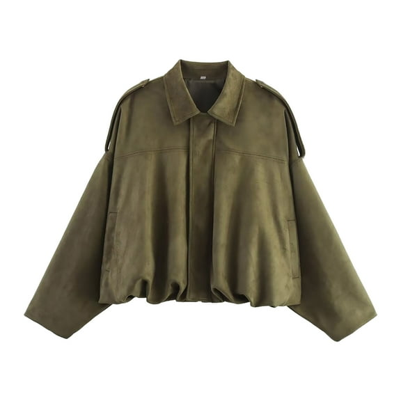 GEWSEY Women's Faux Suede Bomber Jacket Spring Lapel Pilot Coat Casual Oversized Long Sleeves Trendy Streetwear Outerwear (Army Green, M)