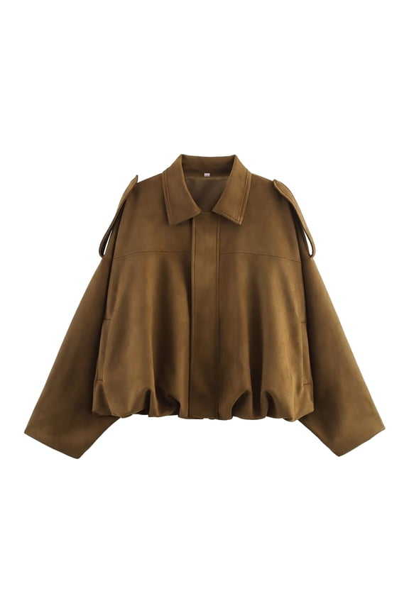 Women's Suede Bomber Jacket Spring Lapel Pilot Coat Casual Oversized Long Sleeves Trendy Streetwear Outerwear (Gold, L)