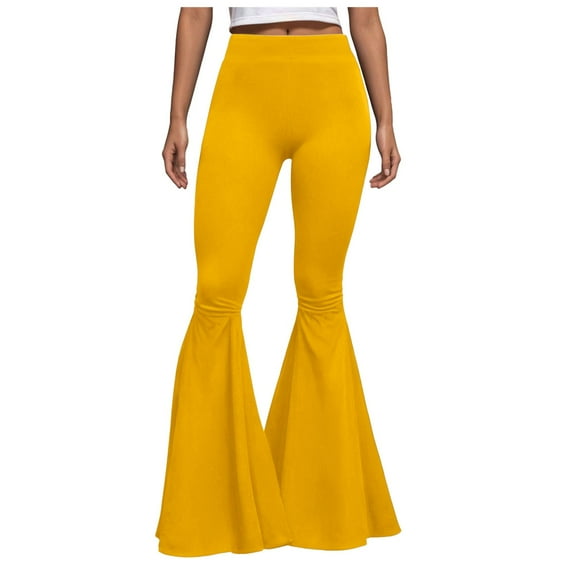 GEWSEY Women's Flared Pants High Waisted Yoga Leggings Stretchy Bell Buttom Wide Leg (Yellow, S)