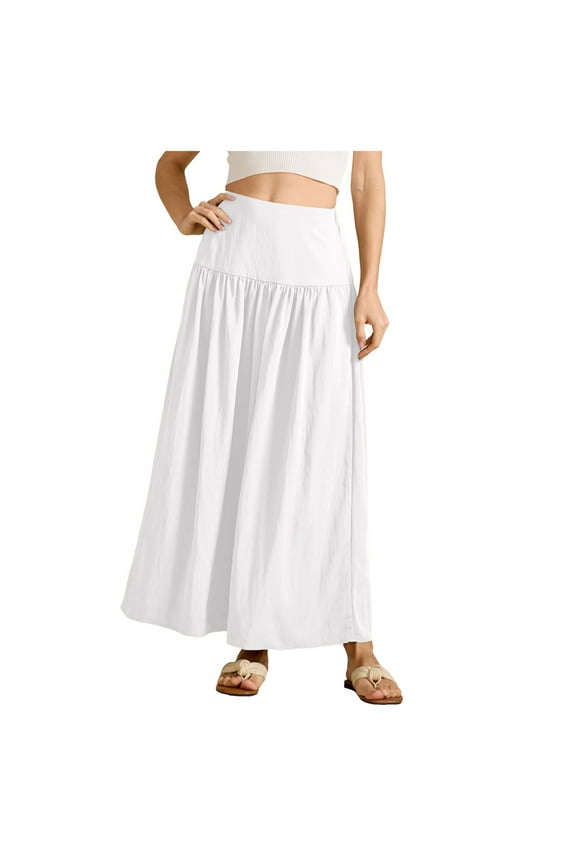 Women's Flowy Maxi Skirt Petite Regular Extra Long Casual Summer Pleated Skirts with Pockets (White, L)