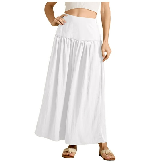 GEWSEY Women's Flowy Maxi Skirt Petite Regular Extra Long Casual Summer Pleated Skirts with Pockets (White, M)