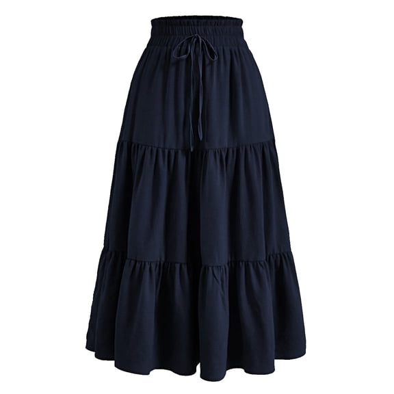 GEWSEY Women's Flowy Maxi Skirt Summer Pleated High Waisted Ruffle A-Line Casual Long Skirts with Pockets (Navy, M)