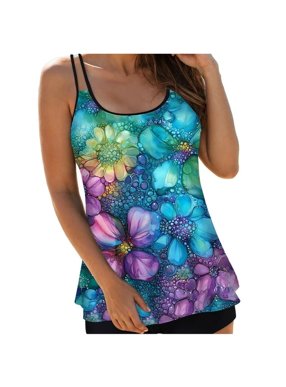 Women's Flowy Tankini Tops Only Modest Bathing Suit Loose Fit Swimsuit Swim Tops (Dark Purple, L)