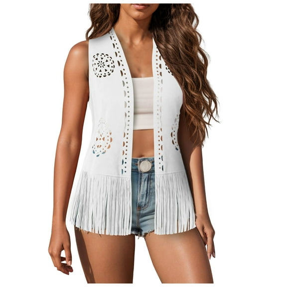GEWSEY Women's Fringe Top Cowgirl Vest 60s 70s Suede Western Cowboy Jacket Hippie Outwear for Country Concert Outfit (White, L)