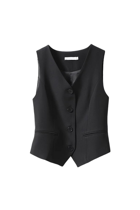 Women's Fully Lined 4 Button V-Neck Economy Dressy Suit Vest Waistcoat (Black, M)