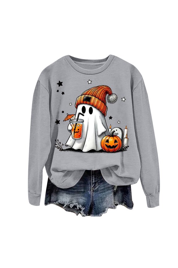 Women's Halloween Sweatshirt Cute Ghost Graphic Pullover Tops Funny Novelty Pumpkin Print Crewneck Sweatshirts (Grey, XXL)