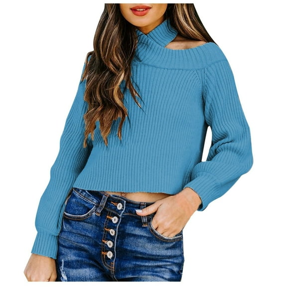 GEWSEY Women's Halter Sweater Tops Criss Cross Rib Knitted Long Sleeve Cold Shoulder Tops (Blue, L)