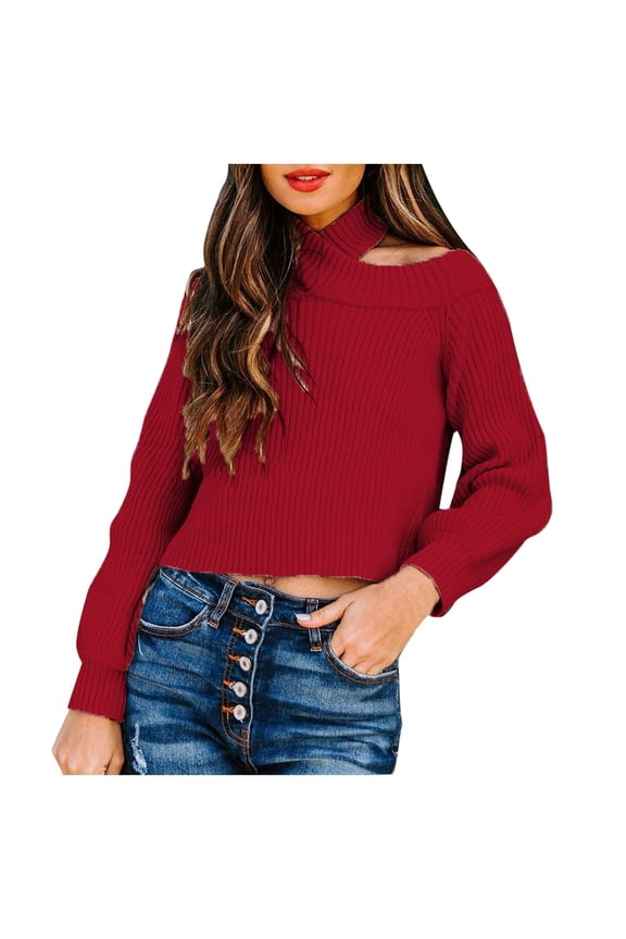 Women's Halter Sweater Tops Criss Cross Rib Knitted Long Sleeve Cold Shoulder Tops (, L)
