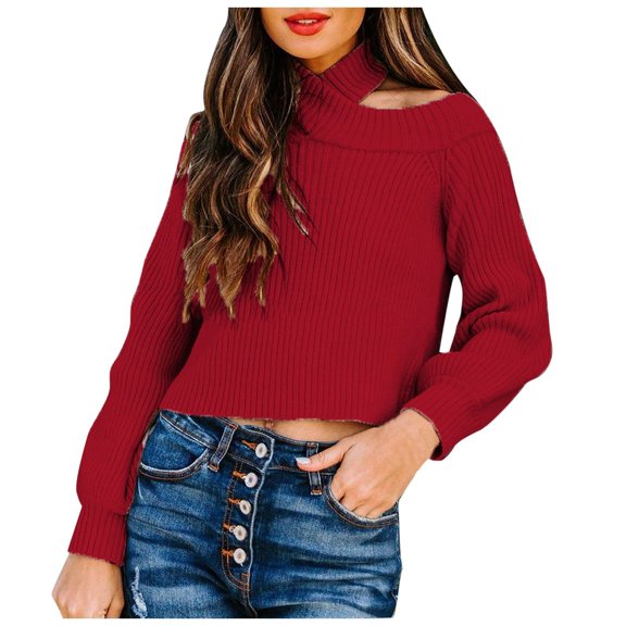 GEWSEY Women's Halter Sweater Tops Criss Cross Rib Knitted Long Sleeve Cold Shoulder Tops (, S)