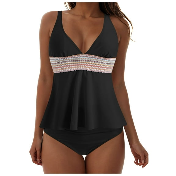 GEWSEY Women's Halter Tankini Top No Bottom V Neck Swim Top Tummy Control Bathing Suit Top Black, L