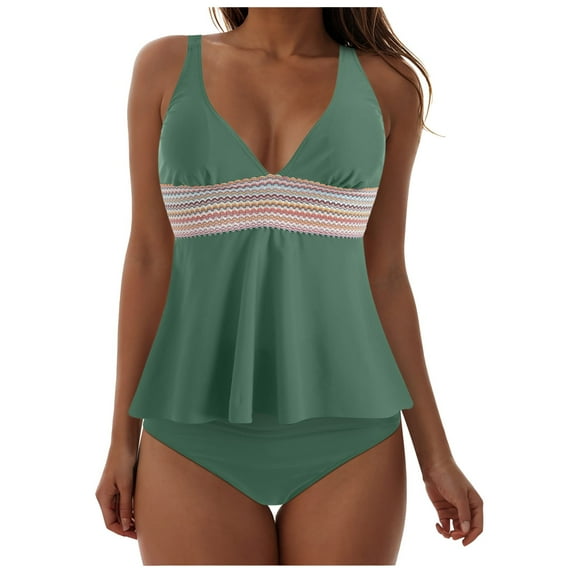 GEWSEY Women's Halter Tankini Top No Bottom V Neck Swim Top Tummy Control Bathing Suit Top Green, L