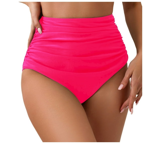 GEWSEY Women's High Waisted Bikini Bottoms Full Coverage Ruched Bathing Suit Tummy Control Swimsuit Bottom Hot Pink, L