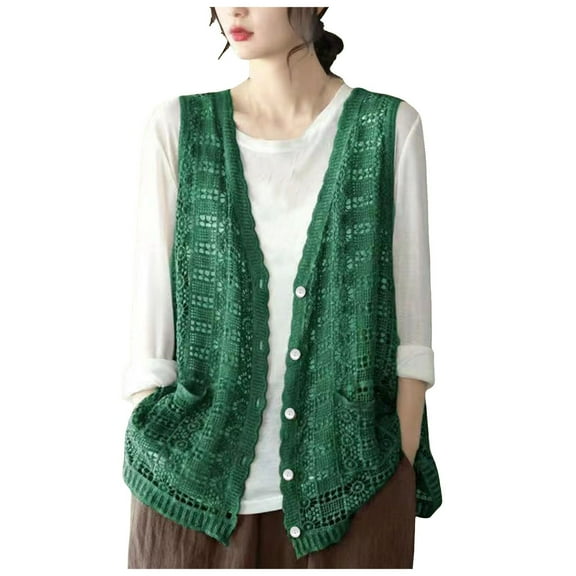 GEWSEY Women’s Hollow Out Crochet Vest Button Up V Neck Stitch Cardigan Boho Waistcoat Shrug (Green, One Size)