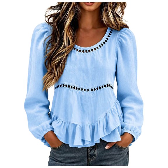 GEWSEY Women's Hollow Out Eyelet Ruffle Hem Long Puff Sleeve Peplum Tops (Sky Blue, L)