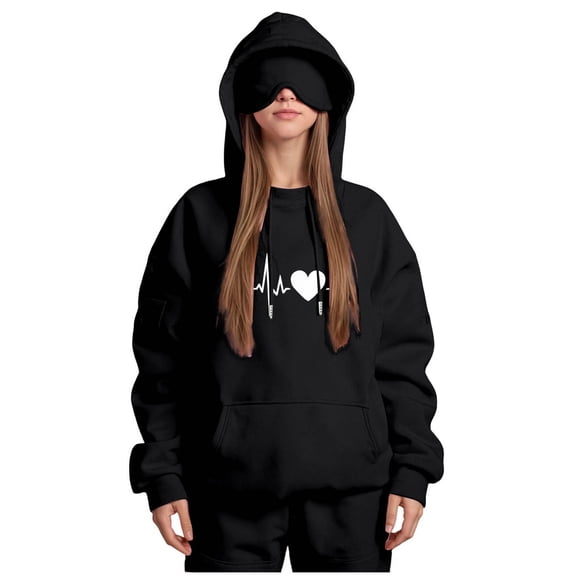 GEWSEY Women's Hoodie with Eye Mask Travel Heart-Shaped Printed Oversized Hoodies with Pockets (Black, M)