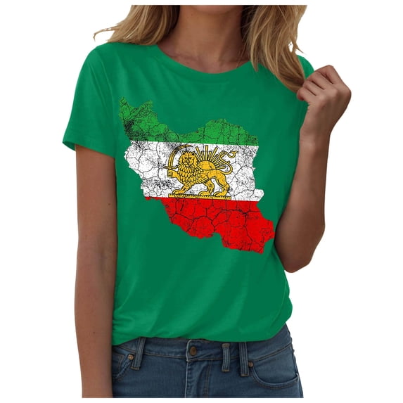 GEWSEY Women's Iran Map with Lion and Sun Emblem Vintage Persian Heritage V-Neck T-Shirt (Green, XL)