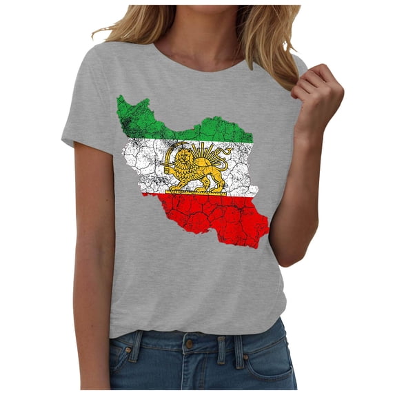 GEWSEY Women's Iran Map with Lion and Sun Emblem Vintage Persian Heritage V-Neck T-Shirt (Light Gray, XL)