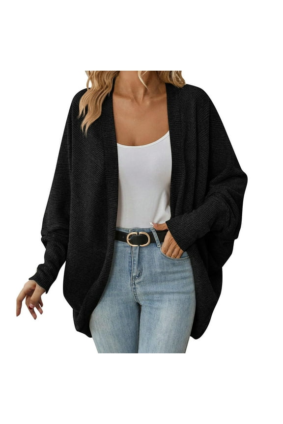 Women's Kimono Batwing Cable Knitted Slouchy Oversized Wrap Cardigan Sweater (Black, M)